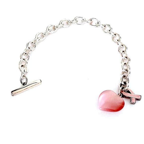 Silver Large Chain Link Breast Cancer Awareness Ribbon Toggle Clasp Bracelet - Picture 1 of 7